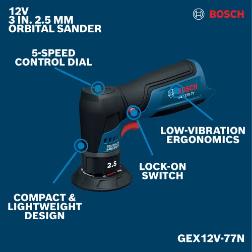 Image of Bosch GEX12V-77N 12V 3 In. Random Orbital Sander on a walkaround view.