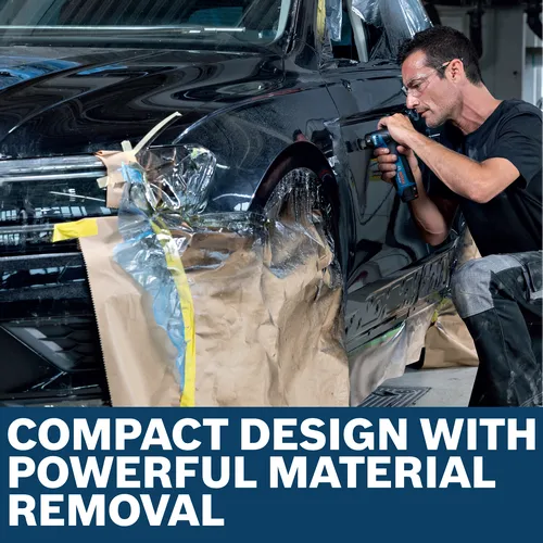 Image of worker using the Bosch GEX12V-32N 12V 1-1/4 In. Random Orbital Sander for finishing a car.