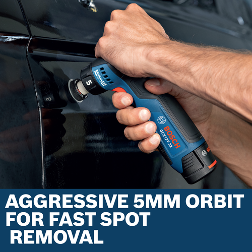Image of worker using the Bosch GEX12V-32N 12V 1-1/4 In. Random Orbital Sander for finishing a car.