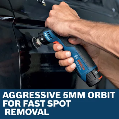 Image of worker using the Bosch GEX12V-32N 12V 1-1/4 In. Random Orbital Sander for finishing a car.
