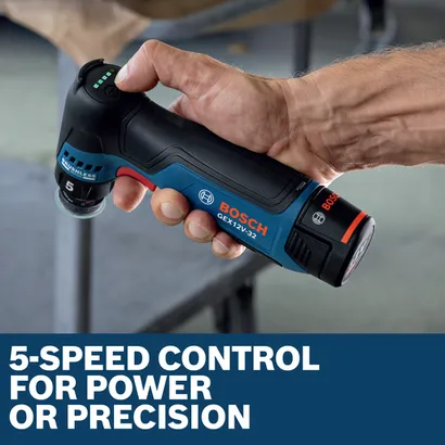 Image of worker speeding up the Bosch GEX12V-32N 12V 1-1/4 In. Random Orbital Sander for finishing a car.