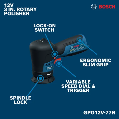 Image of Bosch GPO12V-77N 12V Compact 3 In. Rotary Polisher on a walkaround view.