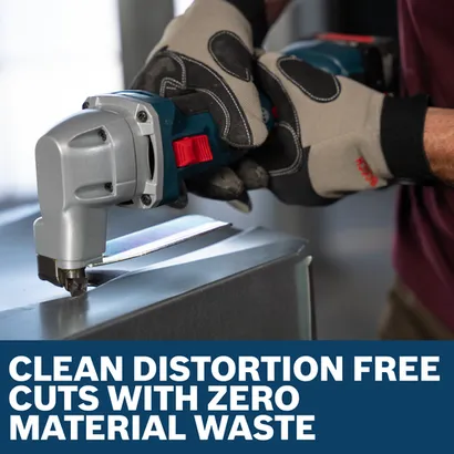 Image of worker using the Bosch GSC18V-16EN 18V 16-Gauge Metal Shear to cut a metal plate.