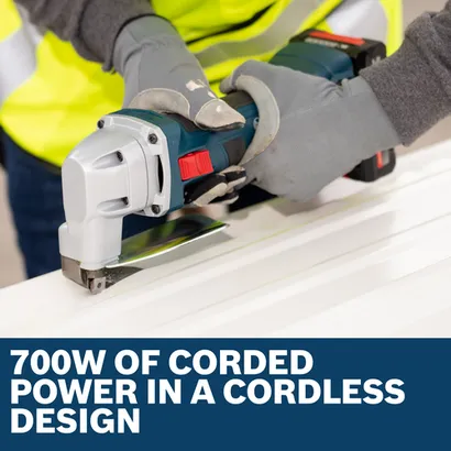 Image of Bosch GSC18V-16EN 18V 16-Gauge Metal Shear to cut a isotelha trapezoidal.