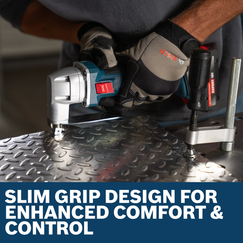 Image of worker using the Bosch GSC18V-16EN 18V 16-Gauge Metal Shear to cut a metal plate.