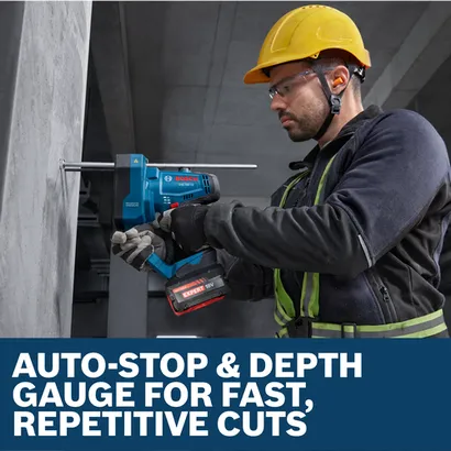 Worker using a Bosch GGC18V-12 to cut threaded rod that is inserted into a concrete wall.