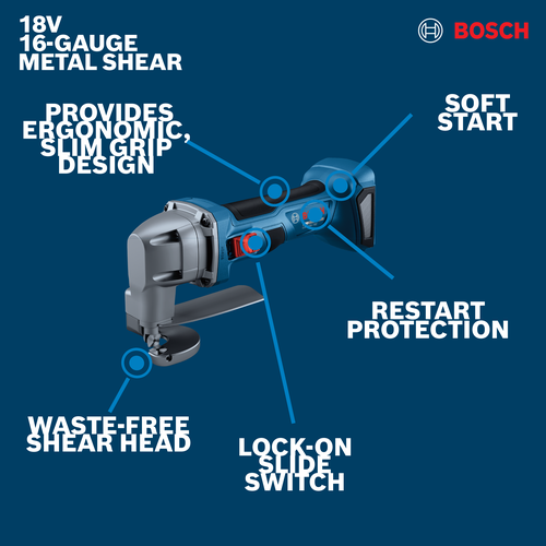 Image of Bosch GSC18V-16EN 18V 16-Gauge Metal Shear with Lock- On Slide Switch on a walkaround view.