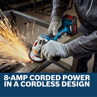Image of worker using the Bosch GWS18V-8-2 18V 4-1/2 In. Angle Grinder for grinding a metal.