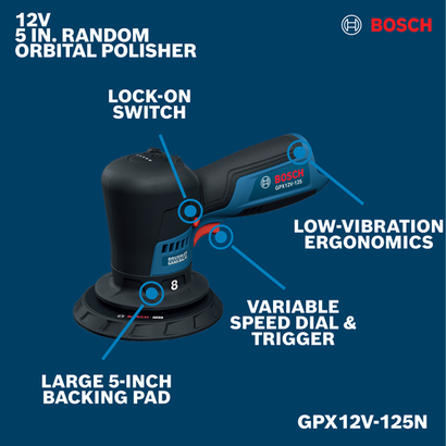 Image of Bosch GPX12V-125N 12V 5 In. Random Orbital Polisher on a walkaround view.