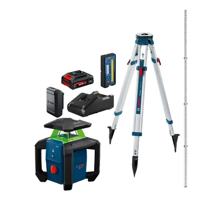 Image of a combo kit from Bosch GRL18V-31K 18V Green-Beam Horizontal Rotary Laser with battery, charger and tripod.