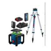 Image of a combo kit from Bosch GRL18V-31K 18V Green-Beam Horizontal Rotary Laser with battery, charger and tripod.