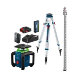 Image of a combo kit from Bosch GRL18V-34K 18V Green-Beam Horizontal/Vertical Rotary Laser with battery, charger and tripod.