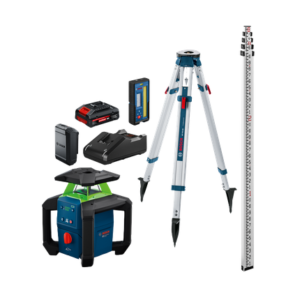 Image of a combo kit from Bosch GRL18V-34K 18V Green-Beam Horizontal/Vertical Rotary Laser with battery, charger and tripod.