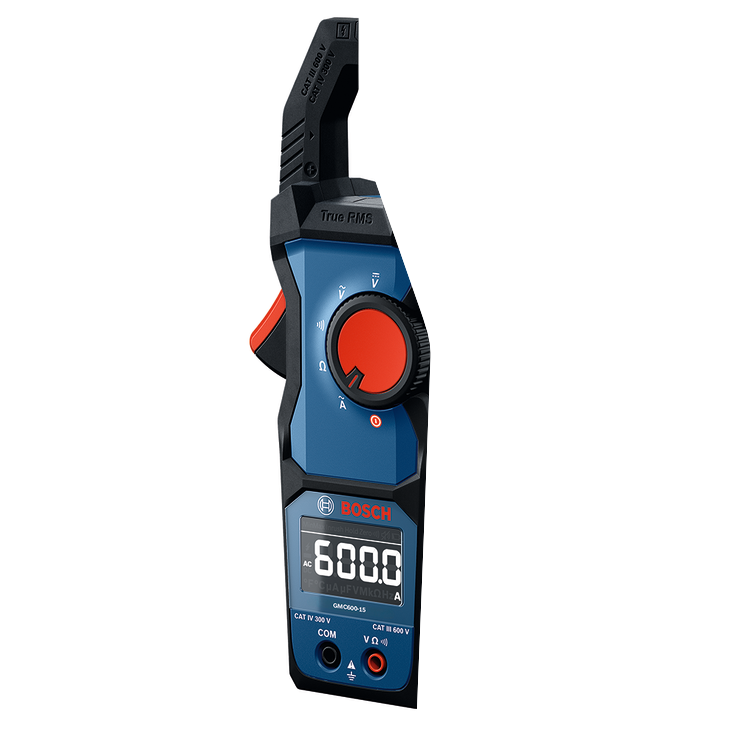 Bosch GMC600-15 Clamp Meter beauty product image with the screen on and on a white background.