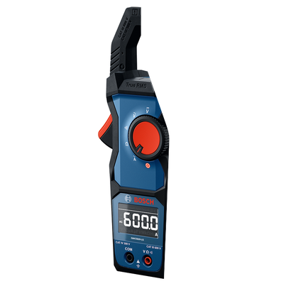 Bosch GMC600-15 Clamp Meter beauty product image with the screen on and on a white background.