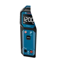 Bosch GVT600-13 contact voltage tester product image with screen on and on white background.