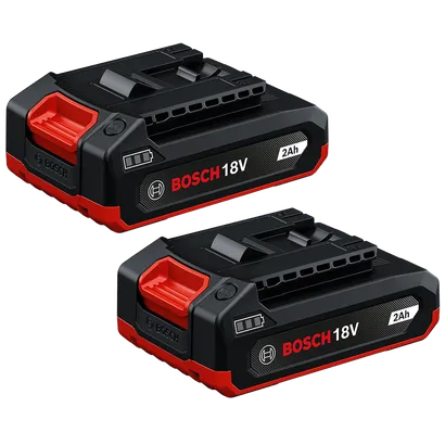 Two Bosch GBA18V-20-2PK 18V PRO Lithium-Ion 2 Ah Batteries shown in an isometric view on a white background.
