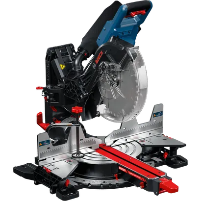 Product Image Dynamic of Bosch EXCM341-305GD 12 In. Dual-Bevel Glide Miter Saw on a white background.