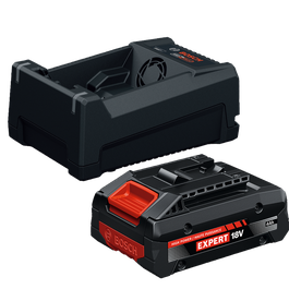 Image Dynamic of Bosch GXS18V-25N14X 18V Starter Kit with Expert 18V High Power Battery and Multi-Voltage Fast Charger.