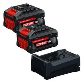 Image Dynamic of Bosch GXS18V-26N26X 18V Starter Kit with two Expert 6 Ah and 12v/18v Multi-Voltage Charger on a white background.