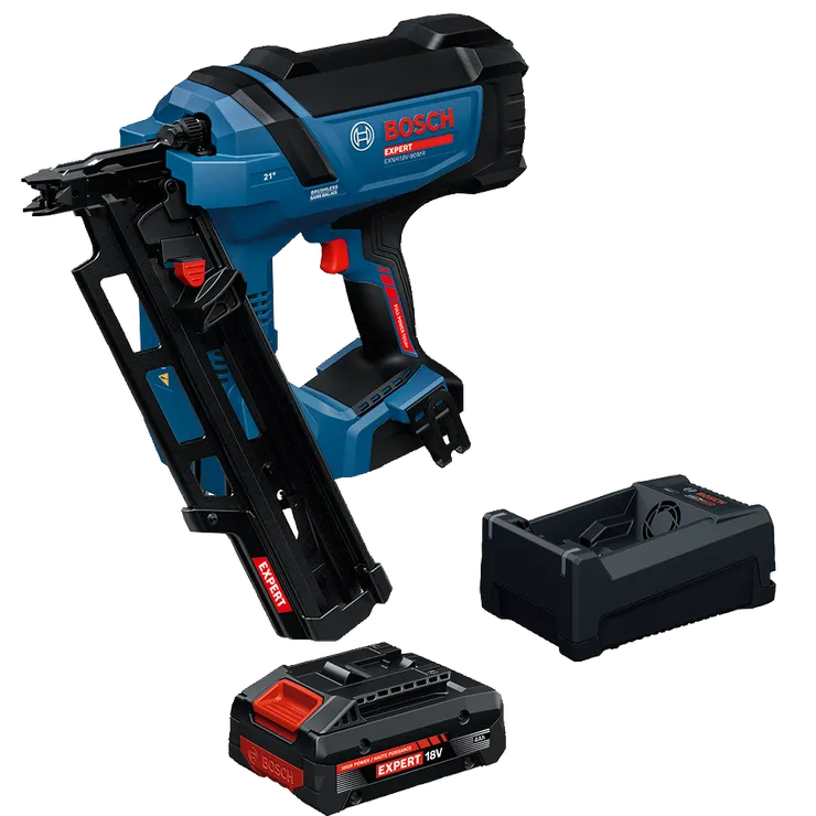 Image Dynamic of Bosch EXNH18V-90MRB14 EXPERT Framing Nailer Kit on a white background.