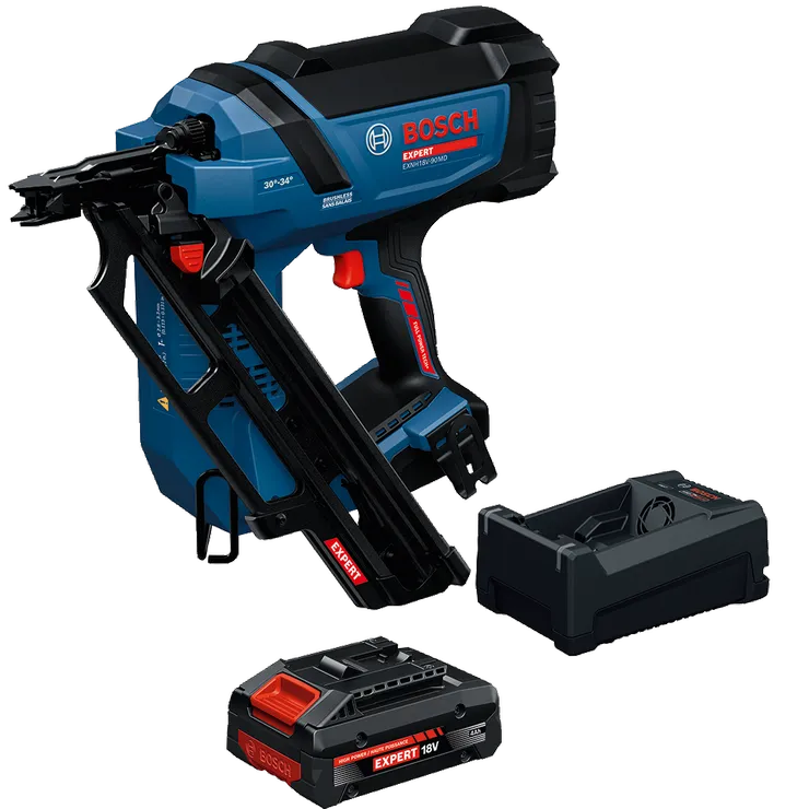 Image Dynamic of Bosch EXNH18V-90MDB14X EXPERT Framing Nailer Kit on a white background.