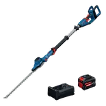 Bosch GHE18V-50TPN18X 18V 20 In. Pole Hedge Trimmer Kit shown with the hedge trimmer, 18V 8 Ah Expert Battery and charger.