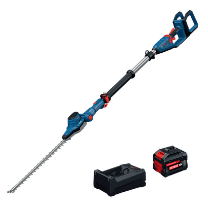 Bosch GHE18V-50TPN18X 18V 20 In. Pole Hedge Trimmer Kit shown with the hedge trimmer, 18V 8 Ah Expert Battery and charger.