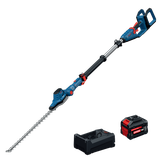 Bosch GHE18V-50TPN18X 18V 20 In. Pole Hedge Trimmer Kit shown with the hedge trimmer, 18V 8 Ah Expert Battery and charger.