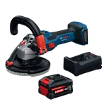 Bosch GBR18V-15SN18X 5 In. 18V Concrete Surface Grinder kit showing grinder, 8 Ah Expert 18V battery and battery charger.