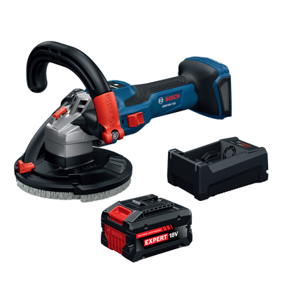 Bosch GBR18V-15SN18X 5 In. 18V Concrete Surface Grinder kit showing grinder, 8 Ah Expert 18V battery and battery charger.