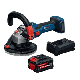 Bosch GBR18V-15SN18X 5 In. 18V Concrete Surface Grinder kit showing grinder, 8 Ah Expert 18V battery and battery charger.
