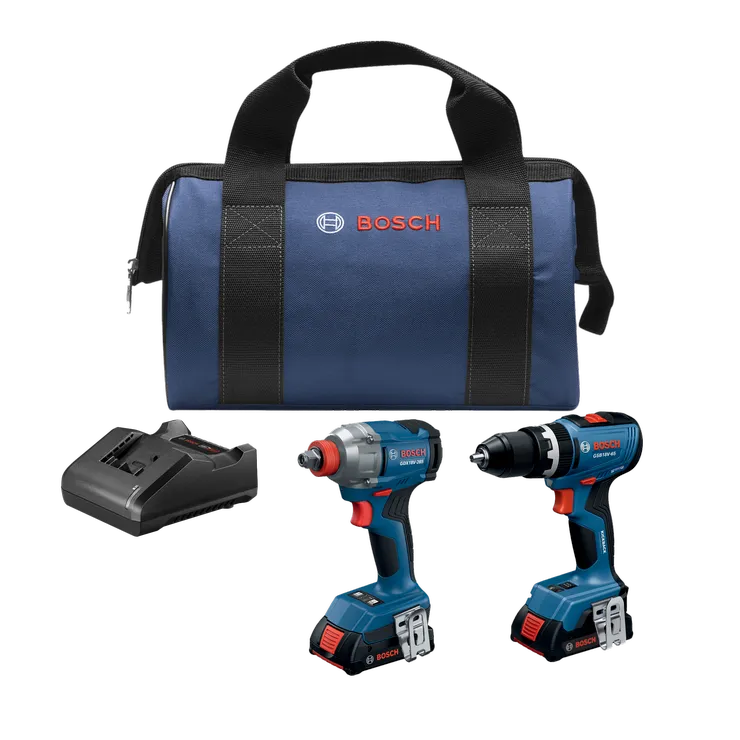 Bosch GXL18V-241B22 Hammer Drill/Driver, Two-In-One Impact Driver/Wrench and two 18V Batteries, Charger and Carry Bag.
