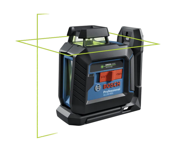 Product Image Dynamic of Bosch GLL50-40G Green-Beam 360° Cross-Line Laser on a white background.