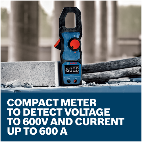 Features/Claims image of Bosch GMC600-15 True RMS 400A Clamp Meter with application.