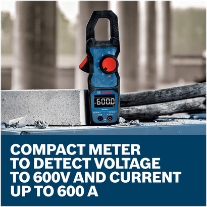 Features/Claims image of Bosch GMC600-15 True RMS 400A Clamp Meter with application.