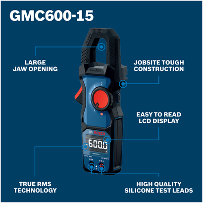Walkaround Image of Bosch GMC600-15 True RMS 400A Clamp Meter on a blue background.