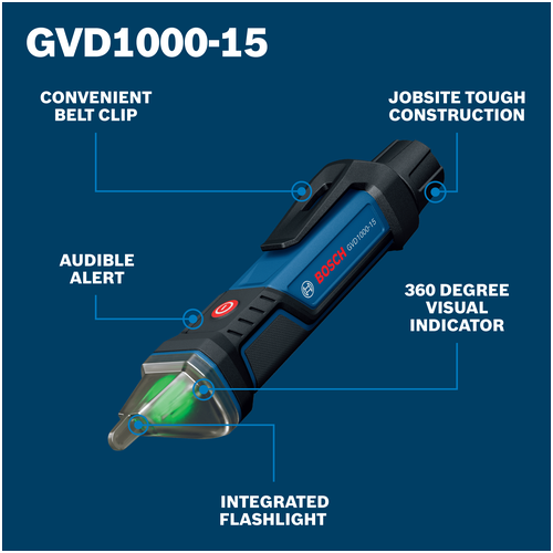 Walkaround Image of Bosch GVD1000-15 Non-Contact Voltage Tester on a blue background.