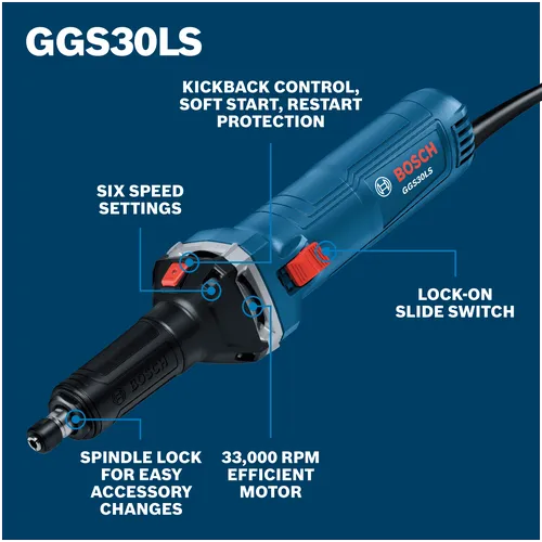 Walkaround Image of Bosch GGS30LS 6 Amp Die Grinder With Slide Switch on a white background.