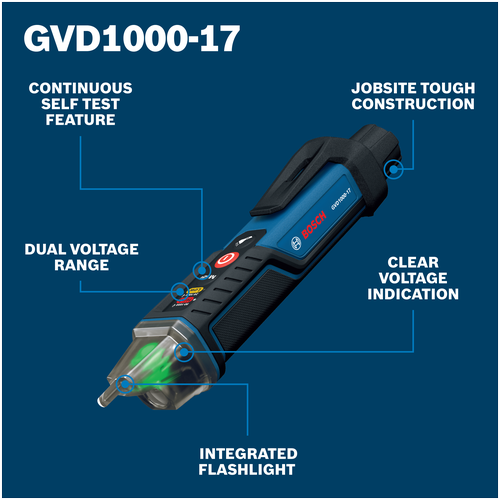 Walkaround Image of Bosch GVD1000-17 Non-Contact Voltage Tester on a blue background.