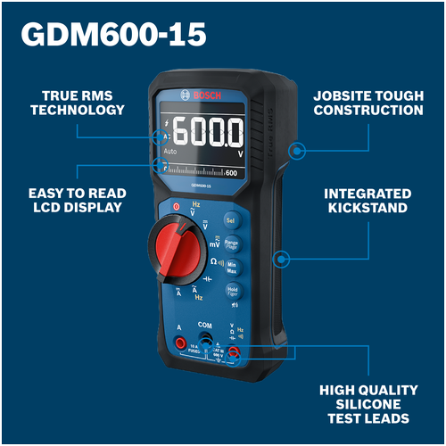Bosch GDM600-15 digital multimeter with large LCD, red rotary dial, True RMS, rugged case, kickstand, and silicone test leads.