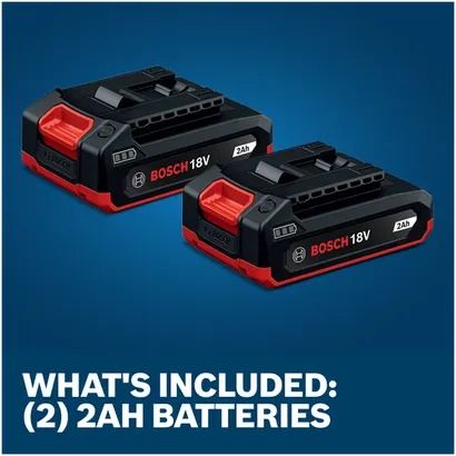 What is Included Image of Bosch GBA18V-20-2PK 18V PRO Lithium-Ion 2 Ah Batteries on a blue background.
