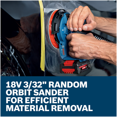 Features/Claims image of Bosch GEX18V-150-3N 18V 6” Random Orbit Sander (3/32”) with application.