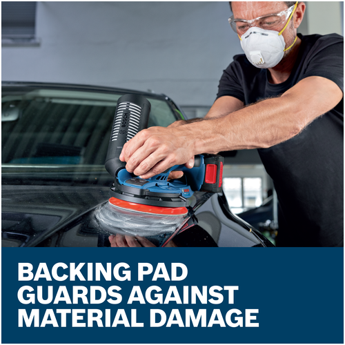 Features/Claims image of Bosch GEX18V-150-3N 18V 6” Random Orbit Sander (3/32”) with application.