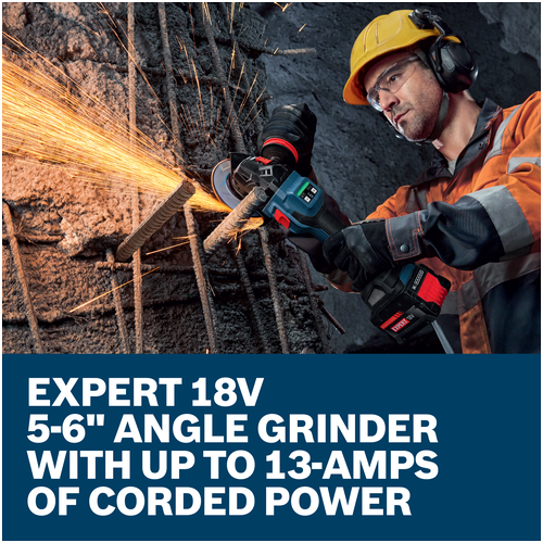 Features/Claims image of Bosch EXWS18V-15SB18X 18V EXPERT 5 – 6 In. Angle Grinder with Slide Switch Kit.