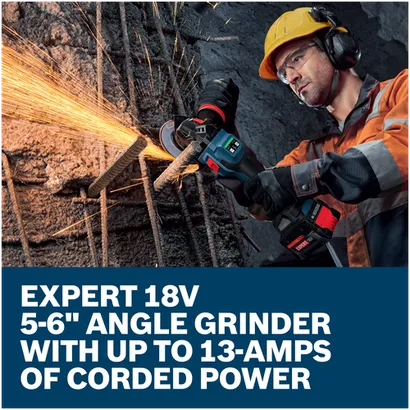 Features/Claims image of Bosch EXWS18V-15SB18X 18V EXPERT 5 – 6 In. Angle Grinder with Slide Switch Kit.