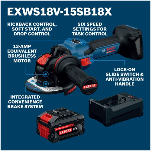 Walkaround Image of Bosch EXWS18V-15SB18X 18V EXPERT 5 – 6 In. Angle Grinder with Slide Switch Kit.