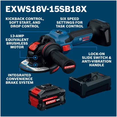 Walkaround Image of Bosch EXWS18V-15SB18X 18V EXPERT 5 – 6 In. Angle Grinder with Slide Switch Kit.
