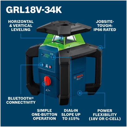Bosch GRL18V-34K rotary laser featuring: horizontal/vertical leveling, IP66, Bluetooth, one-button, slope ±15%, 18V/C-cell.