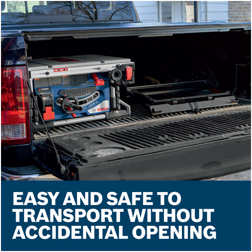 Features/Claims image of Bosch GTA571 Folding Table Saw Scissor Stand with application.